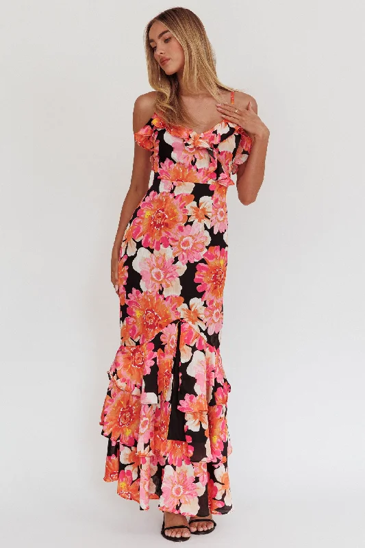 Special Savings Silvana Frill Trim Maxi Dress Black/Pink