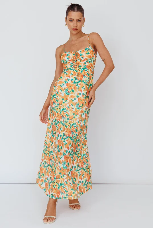 Act Now Solstice Noon Tied Bust Midi Dress Print Orange