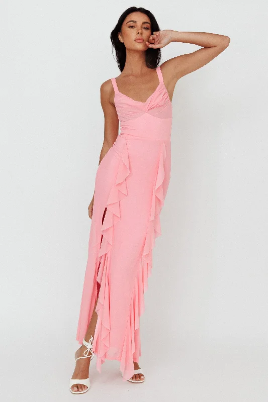 Overstock Hollianna Ruffle Trim Split Maxi Dress Blush