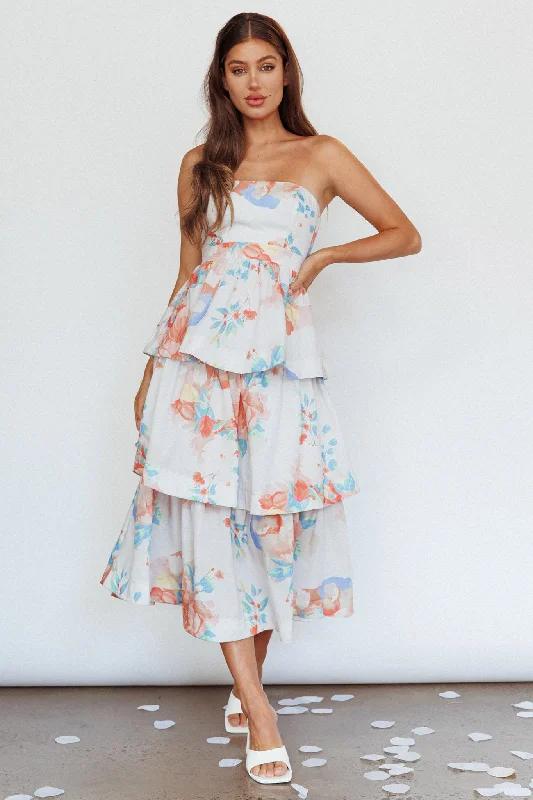 Deal Zone Outshine Strapless Tiered Midi Dress Floral Peach