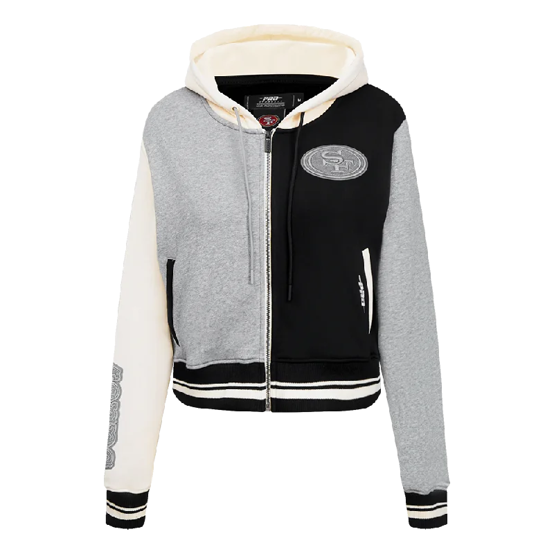 TIME-Limited Offer NFL SAN FRANCISCO 49ERS REVERSE FRENCH TERRY WOMEN'S COLORBLOCK FLC FZ (BLACK/GRAY/EGGSHELL)