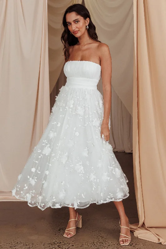 Last Chance Fayette Strapless Mesh Midi Dress Embellished White