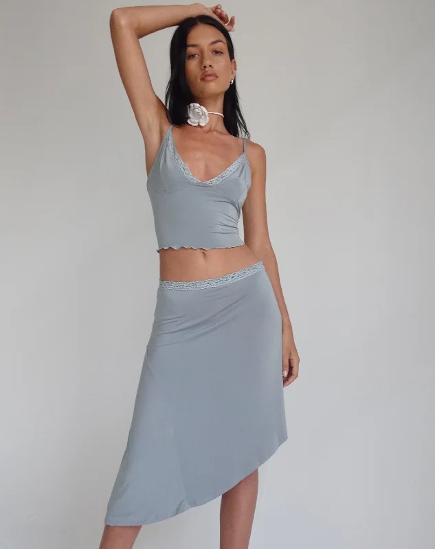 Deep Discounts Drew Asymmetric Midi Skirt in Slinky Grey