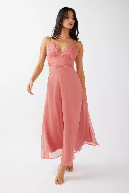 Flash Deals More Love Lace Trim Cut-Out Midi Dress Pink