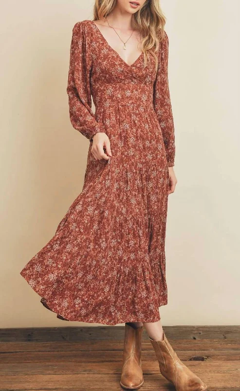 Huge Discounts Floral Tie Back Dress In Brick