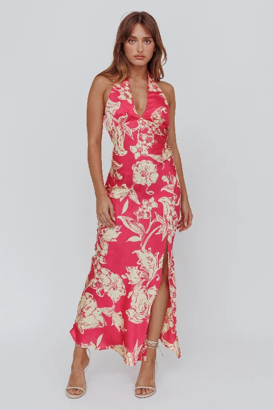 Deal Mania Brighter Days Halterneck Split Midi Dress Fuchsia