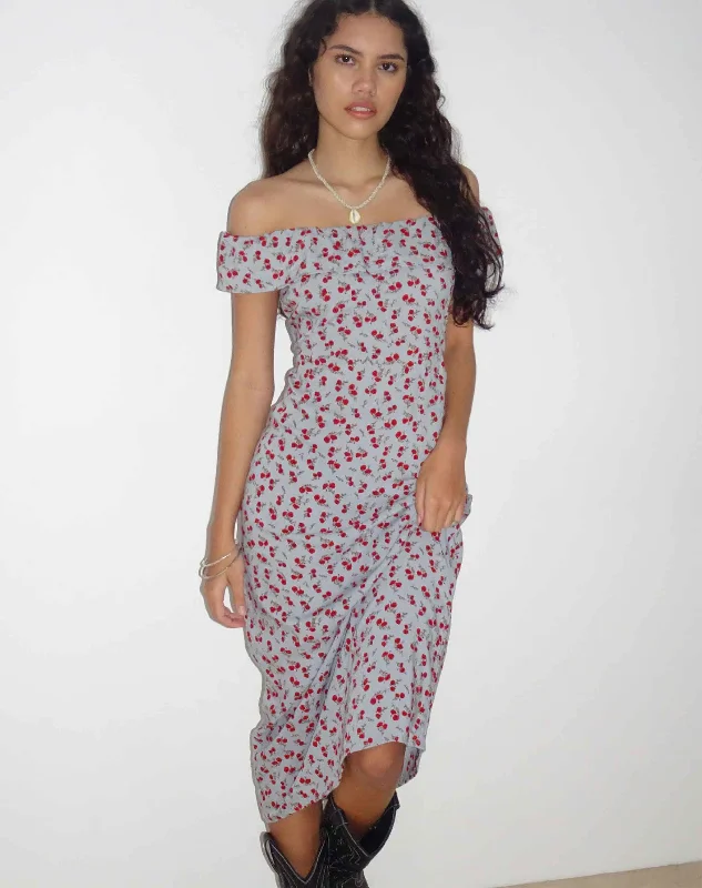 Price Cut Ayudia Bardot Midi Dress in Blue Floral Ditsy