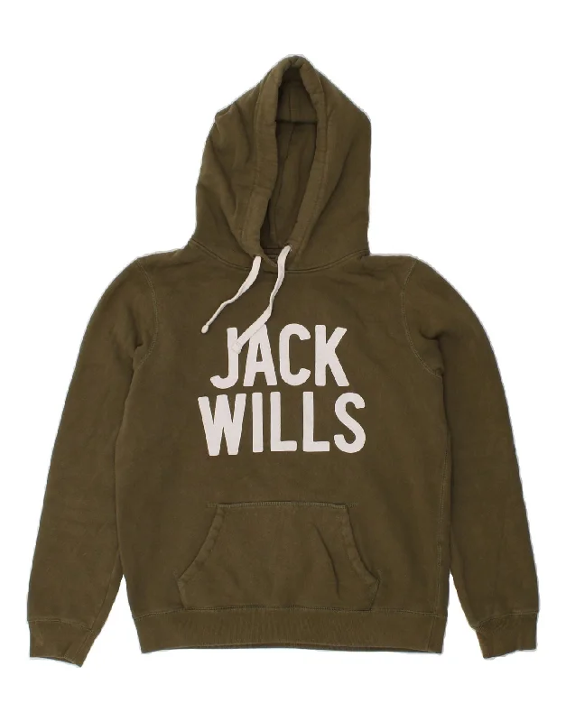 Hurry In JACK WILLS Womens Graphic Hoodie Jumper UK 12 Medium Khaki Cotton
