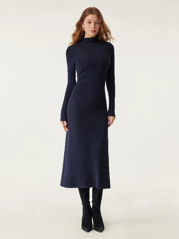 Bonus Savings Heat-Tech Long Sleeves Mockneck Tucks Midi Dress