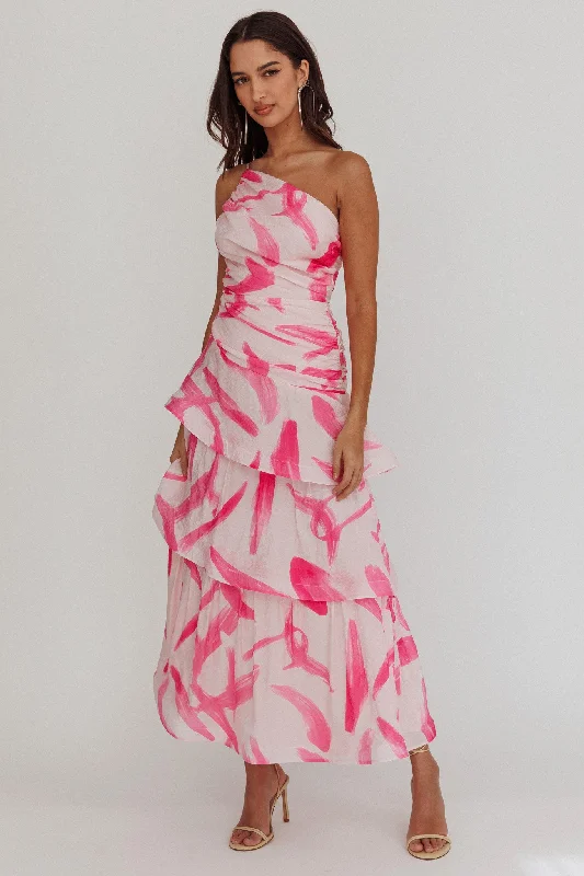 Grand Opening Sale Kenny One Shoulder Tiered Maxi Dress Print Pink