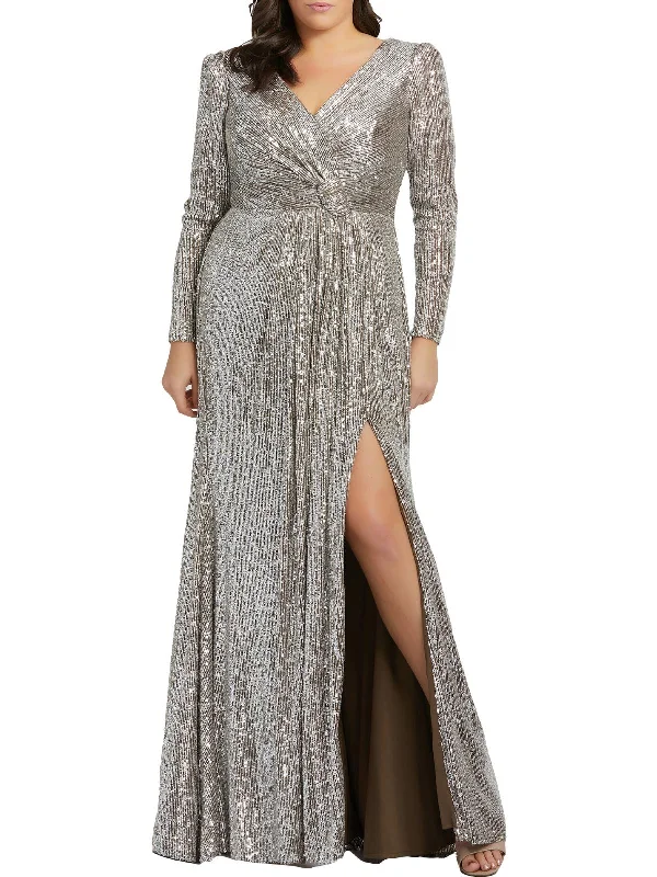 Blowout Deals Plus Womens Sequined Knot Front Evening Dress