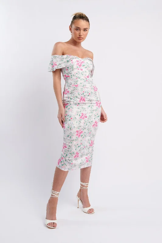 Deal Dash Lillianne Off-Shoulder Midi Dress Floral Pink