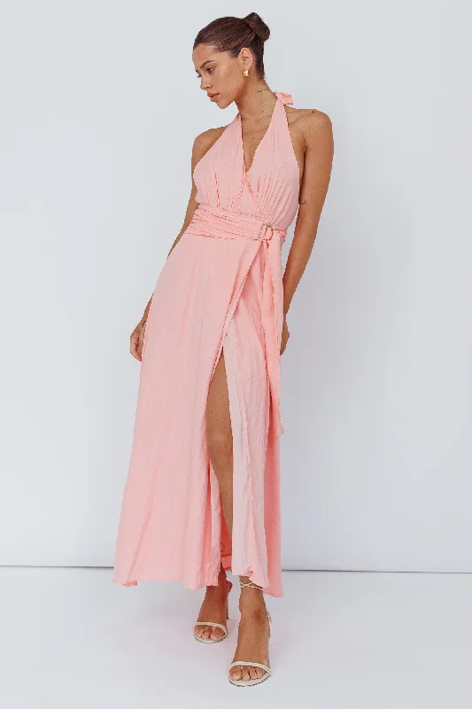 Warehouse Sale Spring Feels Halterneck Belt Maxi Dress Peach