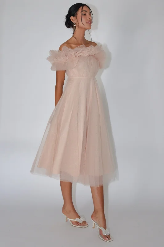 Savings Galore May Rose Off-Shoulder Tulle Midi Dress Taupe