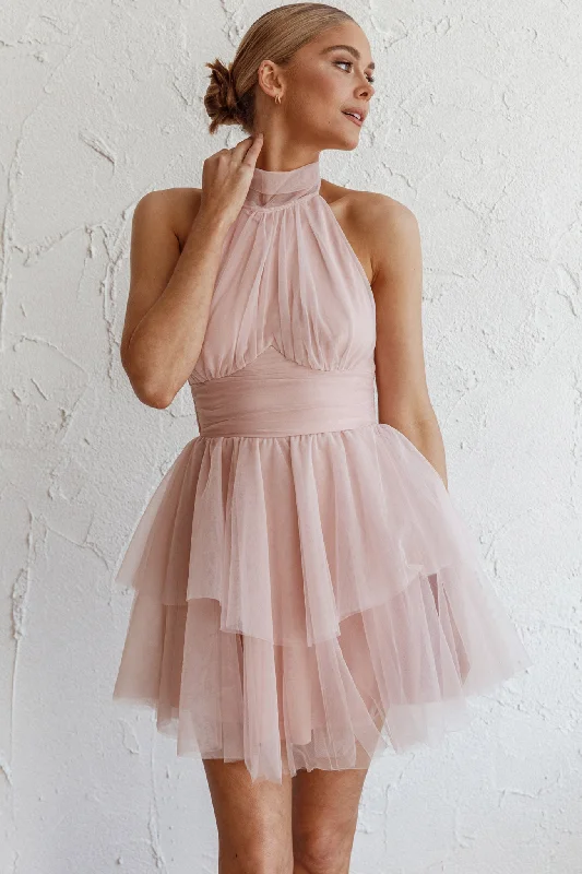 Get It Before It’s Gone Andria Halterneck Tulle Mini Dress Blush