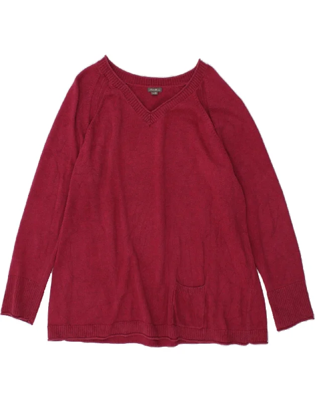 Today Only EDDIE BAUER Womens Oversized V-Neck Jumper Sweater UK 22 3XL Maroon Cotton
