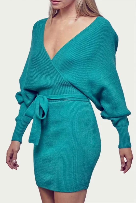 Huge Savings Wrap-Effect Ribbed-Knit Mini Dress in Jade