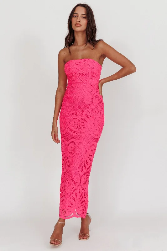 YEAR-End Sale Bia Strapless Lace Embroidered Maxi Dress Hot Pink