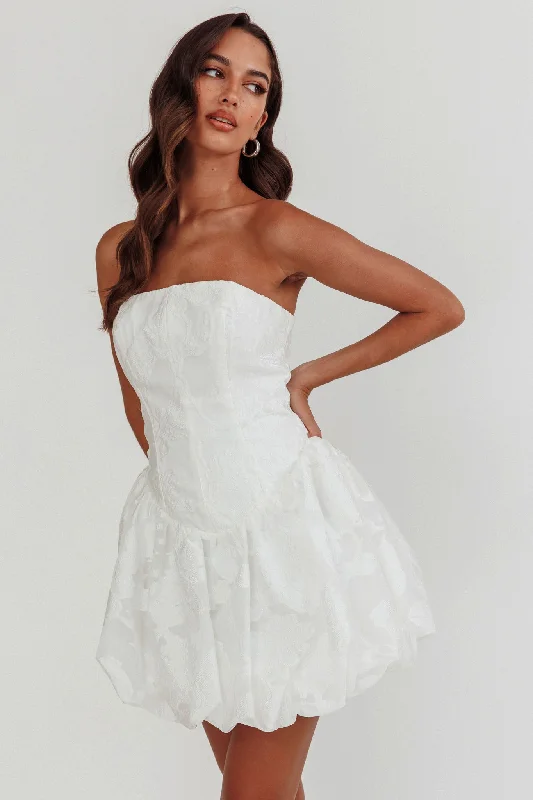 Season Finale Sale Monti Strapless Bubble Hem Mini Dress Embroidered White