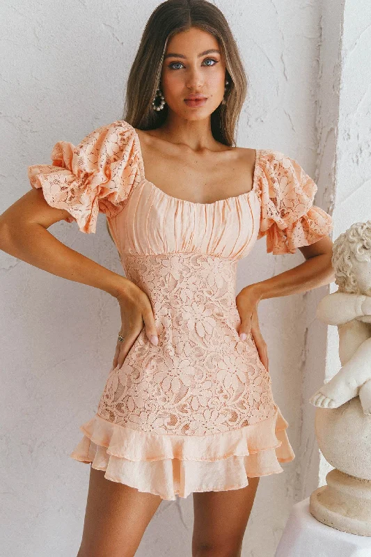 Super Deal Georgia Peach Puff Sleeve Double Frill Hem Lace Dress Peach