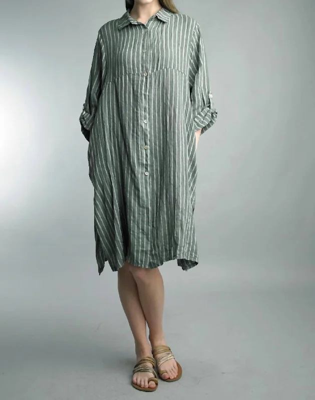Discount Mania Stripe Button Down Dress in Olive/White