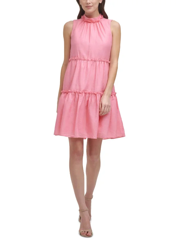 Stock Up and Save Womens Linen Blend Mock Neck Mini Dress