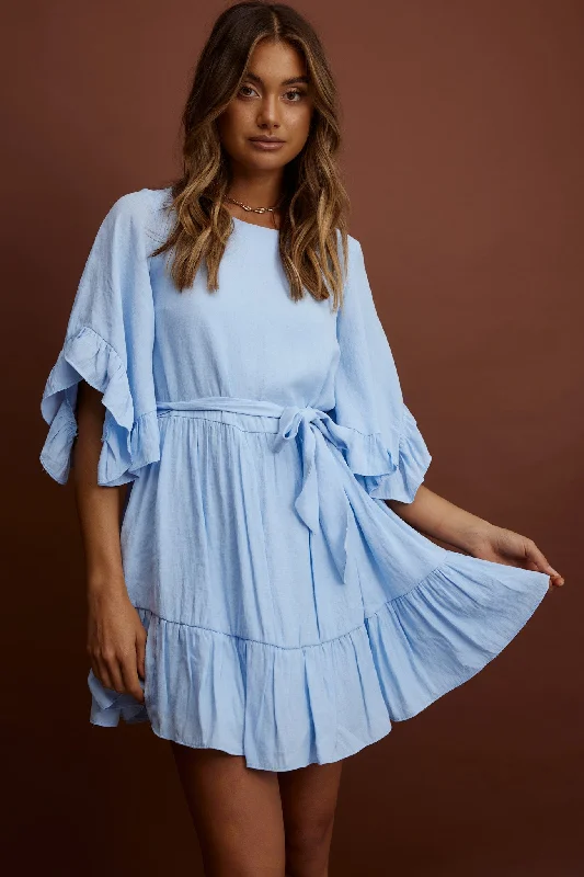 Limited Stock Joni Batwing Sleeve Waist Tie Dress Ruffle Blue
