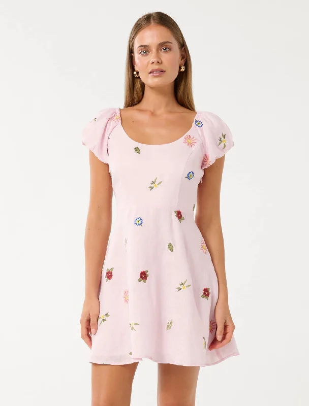 Can't Be Beat Clara Embroidered Linen Mini Dress