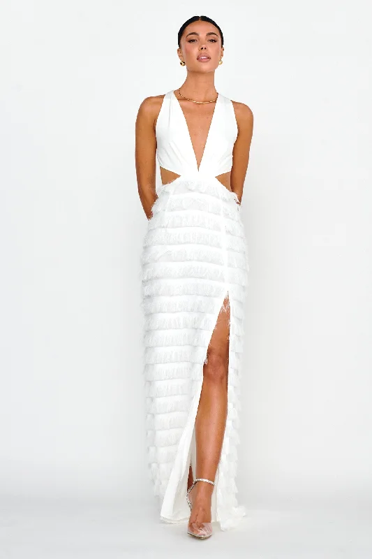 Customer Appreciation Sale Bold Move Fringe Trim Maxi Dress Ivory