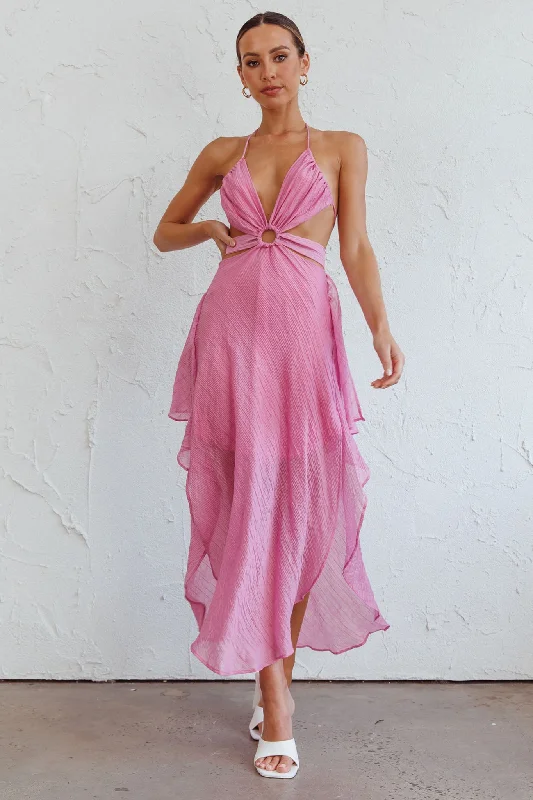 Act Fast Samia Cut-Out Halterneck Midi Dress Pink