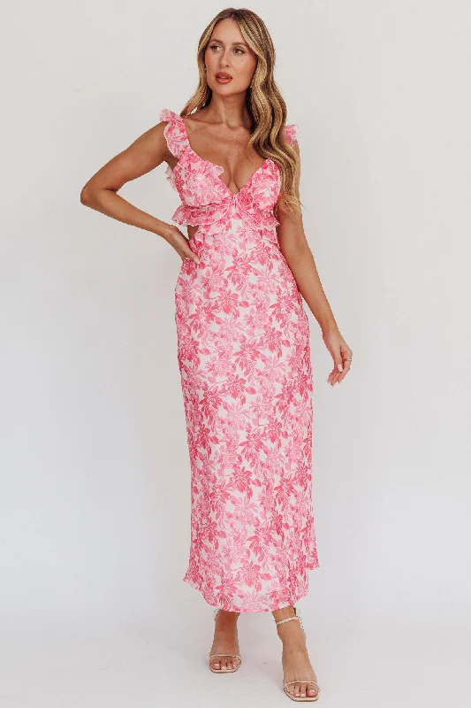 Price Drop Second Chances Ruffle Trim Maxi Dress Floral Pink