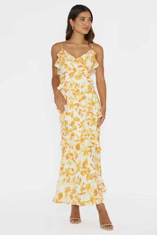 Special Discount Silvana Frill Trim Midi Dress Floral Orange