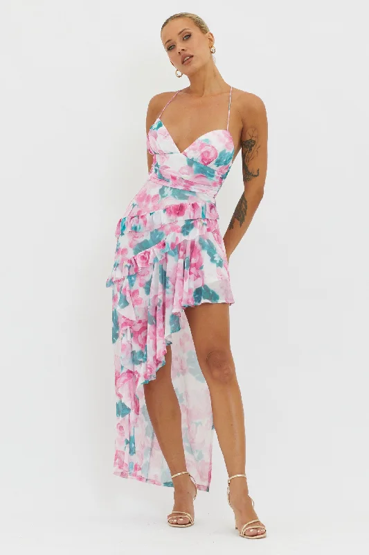 Buy Now Check Mate Frill Trim Cut-Out Split Dress Floral Pink
