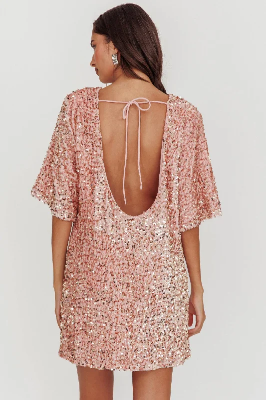 Midnight Madness Miramar Backless Sequin Dress Baby Pink