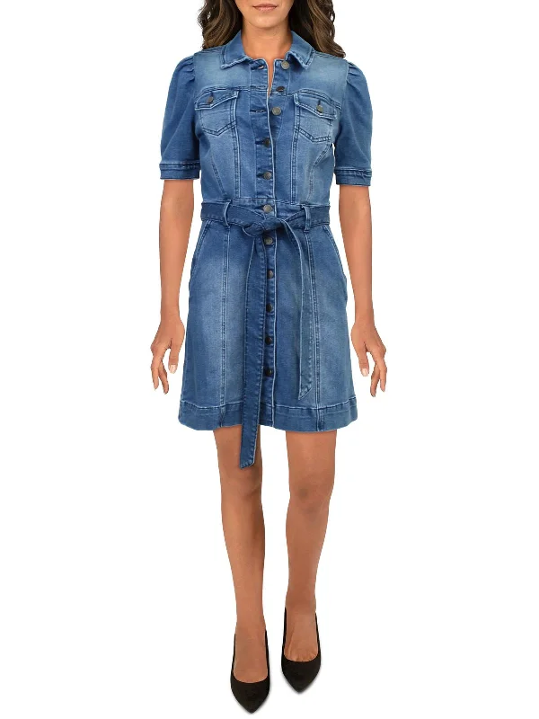 Deal of the Day Womens Puff Sleeves Belted Shirtdress