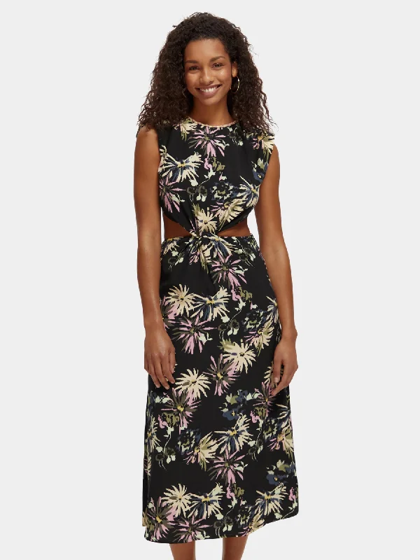 Hurry In Draped structured shoulder midi dress