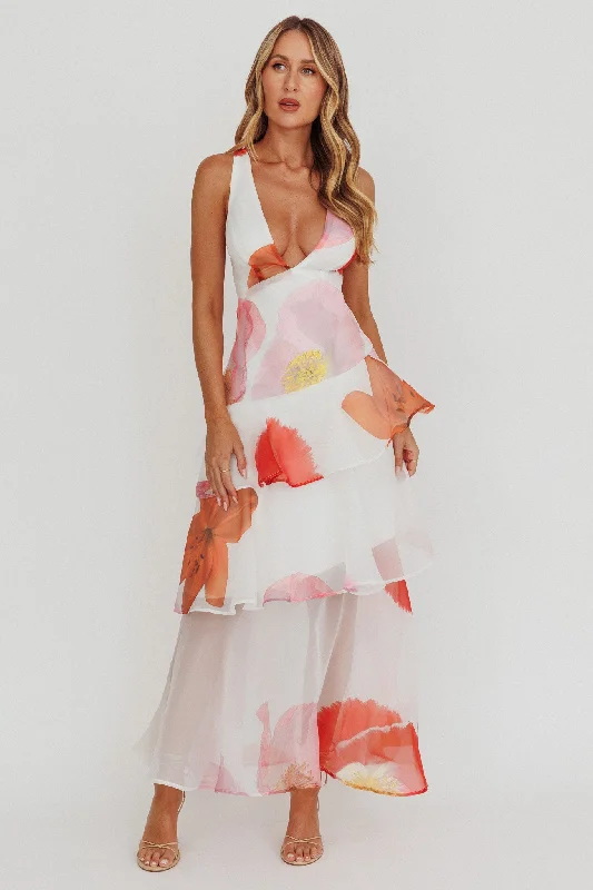 Value Deals Veda Strappy Back Ruffle Maxi Dress Flowers Pink