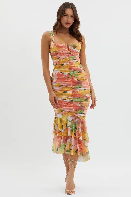 Super Deal Nadia Ruched Fishtail Midi Dress Floral Orange