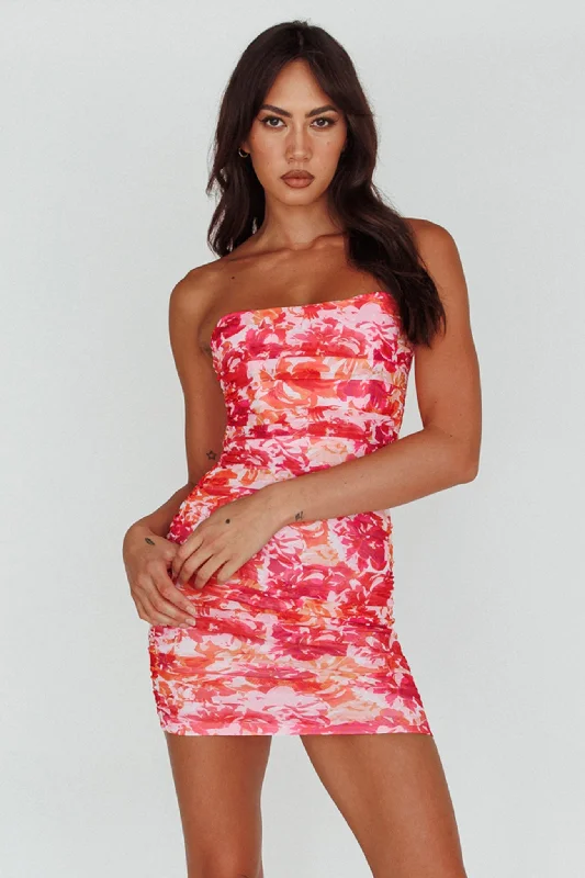 Daily Deals Logan Strapless Ruched Dress Floral Pink/Orange