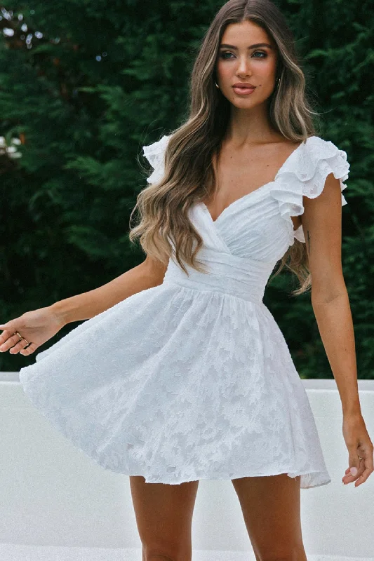Hot Deal Lola Ruffle Shoulder Ruched Dress Textured White