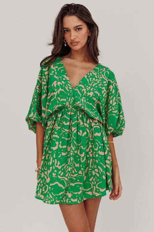 Deep Discounts Sugar Coat Print Puff Sleeves Mini Dress Green