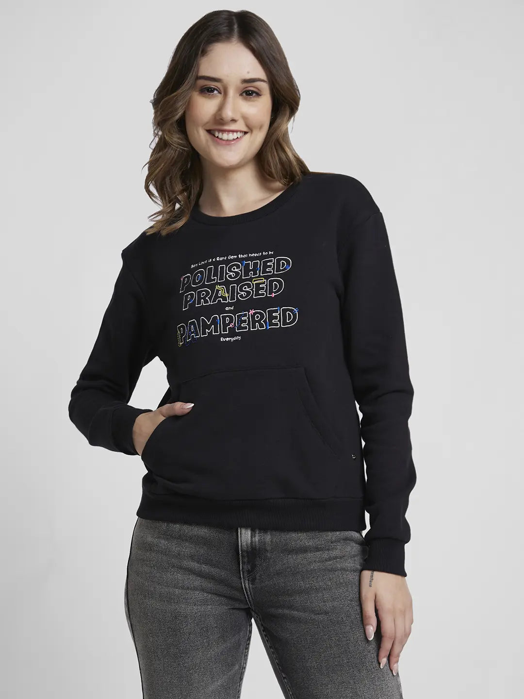 New Markdowns Spykar Women Black Blended Regular Fit Round Neck Printed Sweatshirt