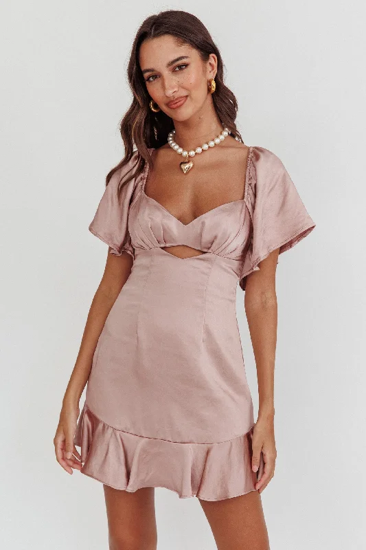 Big Savings Eyes On You Pleated Bust Angel Sleeve Ruffle Hem Dress Blush