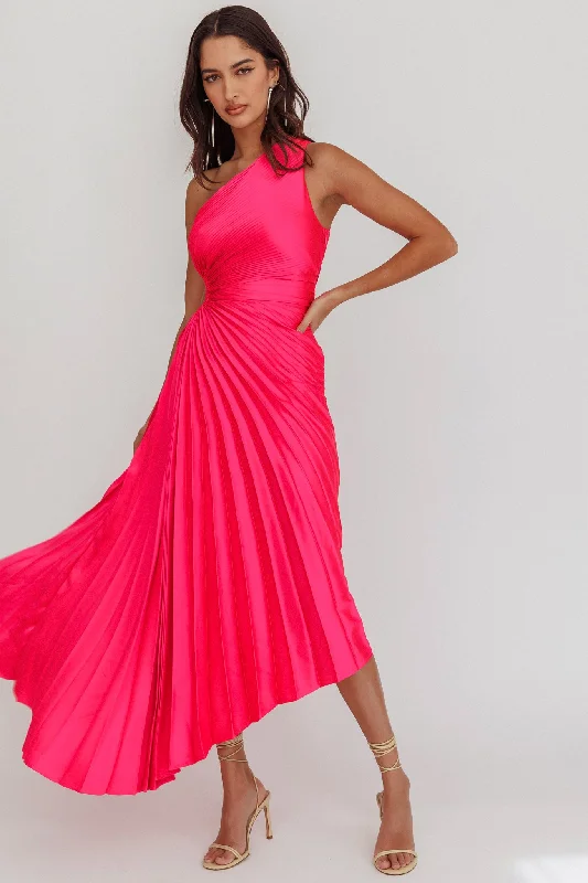 Special Buy Brooklynn One-Shoulder Accordion Pleat Satin Midi Dress Fuchsia