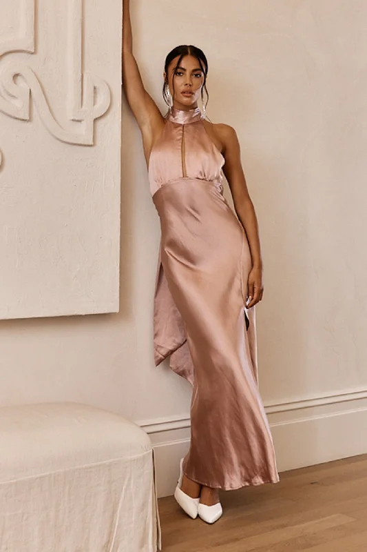 Last Chance Lunar Eclipse Halterneck Satin Midi Dress Dusty Pink