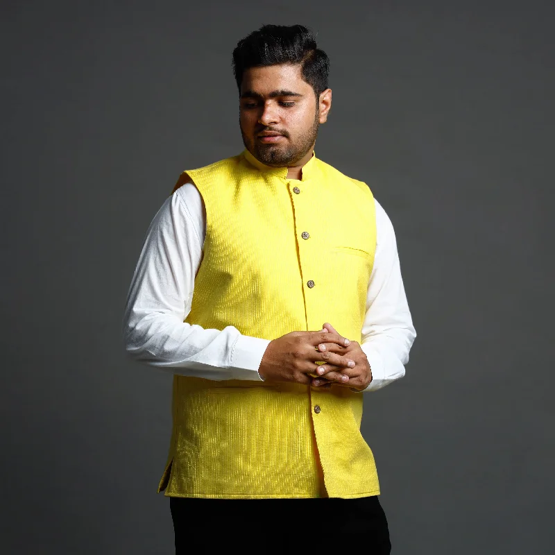 Midnight Madness Yellow - Running Stitch Pure Cotton Men Nehru Jacket 18