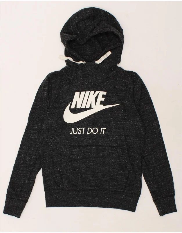 Price Reduction NIKE Womens Graphic Hoodie Jumper UK 14 Medium Grey Flecked Cotton