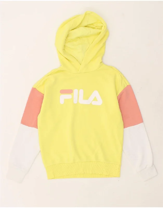 Quick Sale FILA Womens Graphic Hoodie Jumper UK 6 XS Yellow Colourblock Cotton