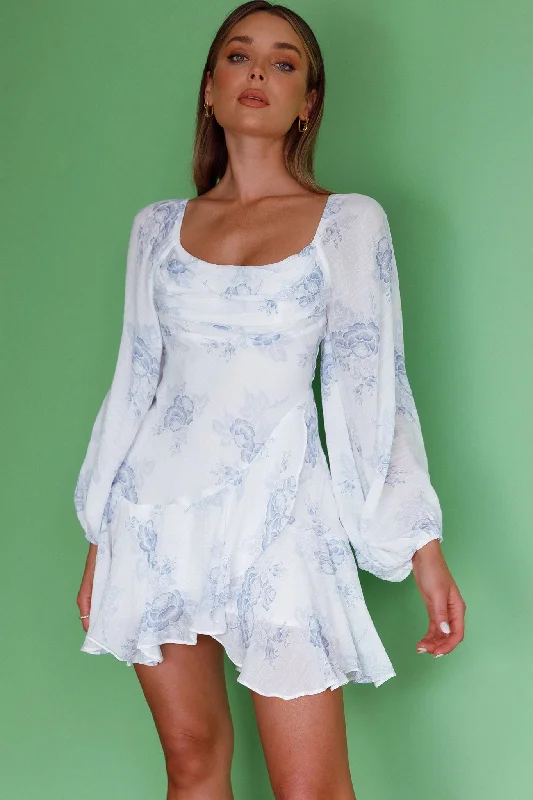Value Deals Beaujolais Long Sleeve Cowl Neckline Ruffle Mini Dress Floral Blue