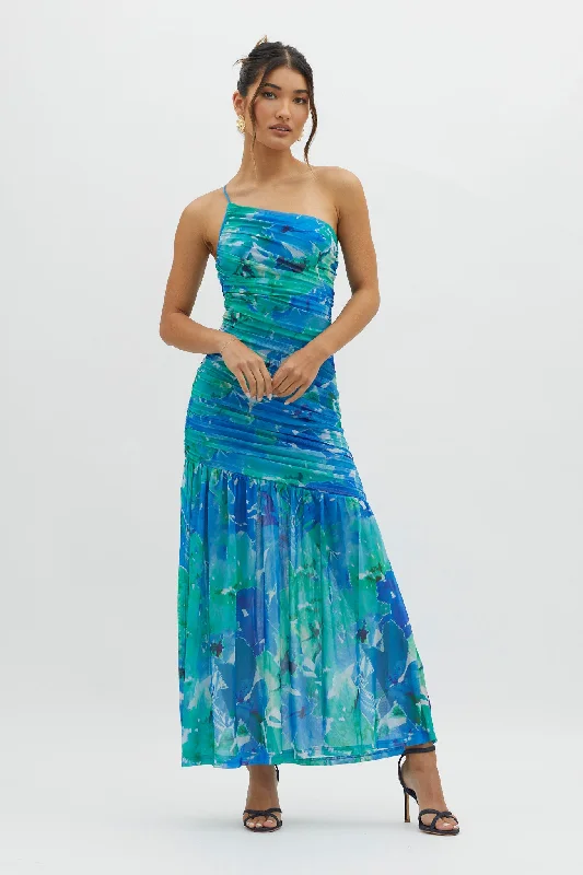 Hurry In Golden Sun One-Shoulder Ruched Maxi Dress Green